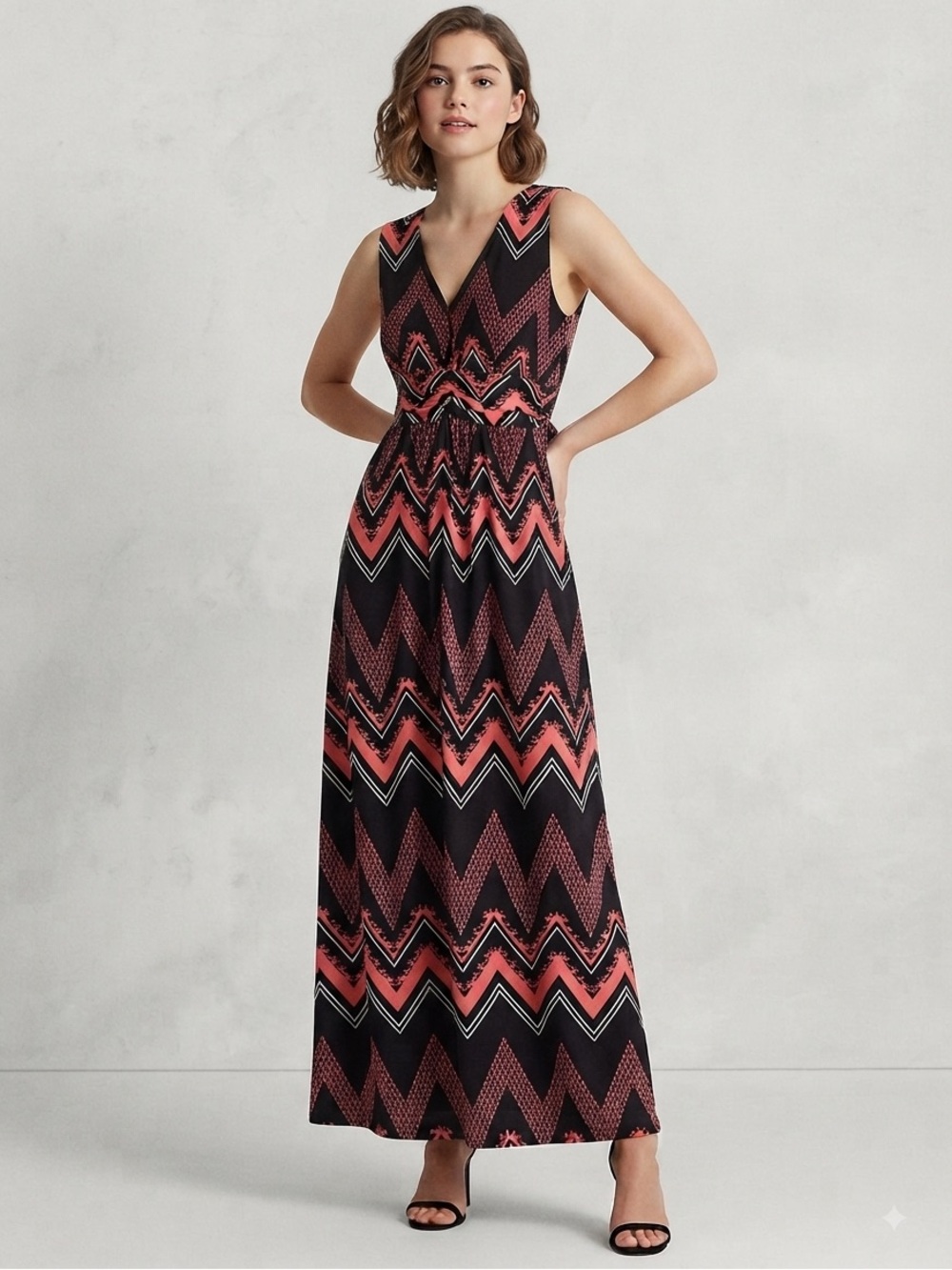 INC Sleeveless Black and Coral Chevron Maxi Dress Size M